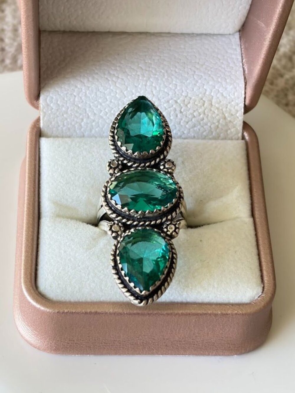 Green Quartz Three Stone Statement Ring 925 Silver Plated - Size 6.75